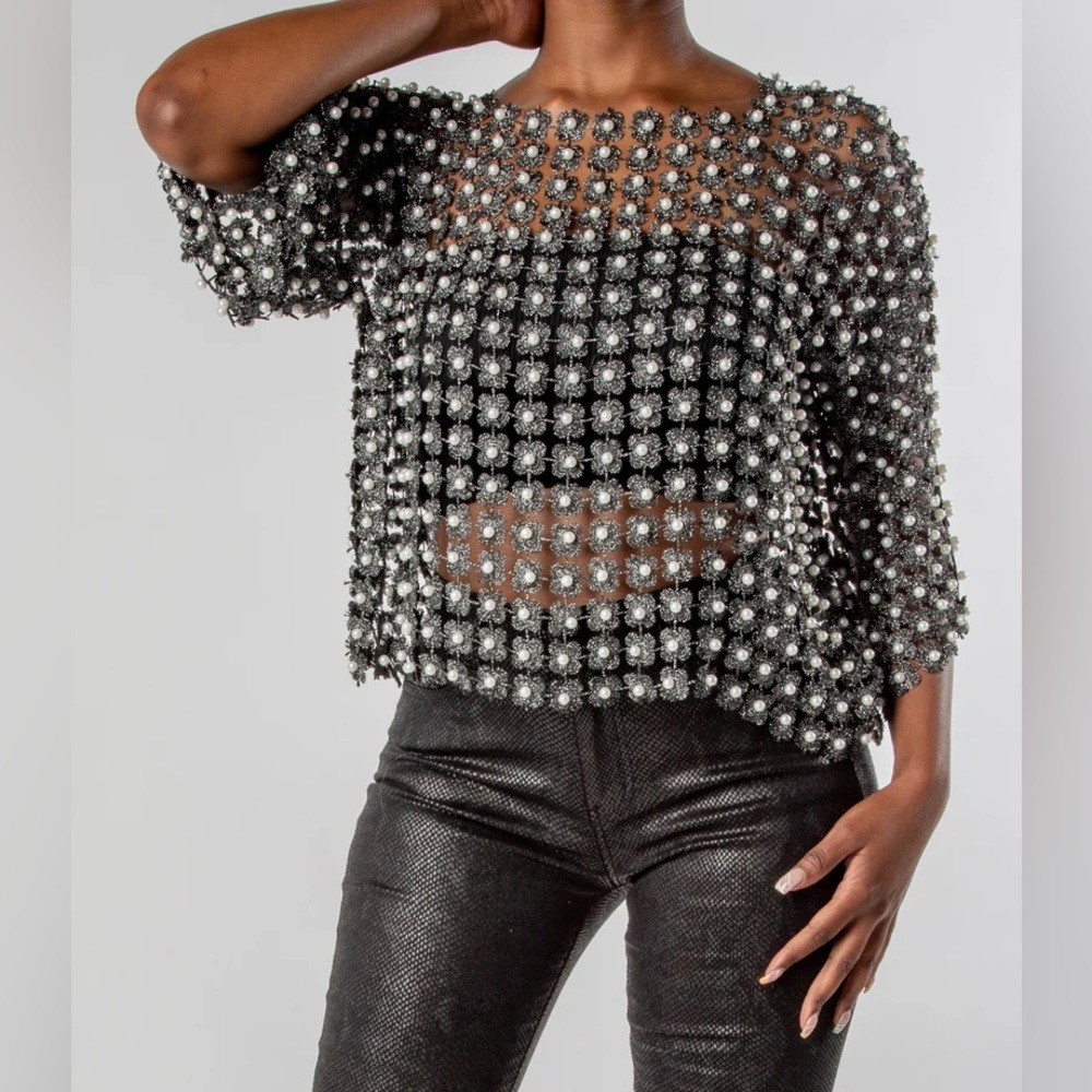Metallic Crochet Top with Pearls - One Size Fits Most